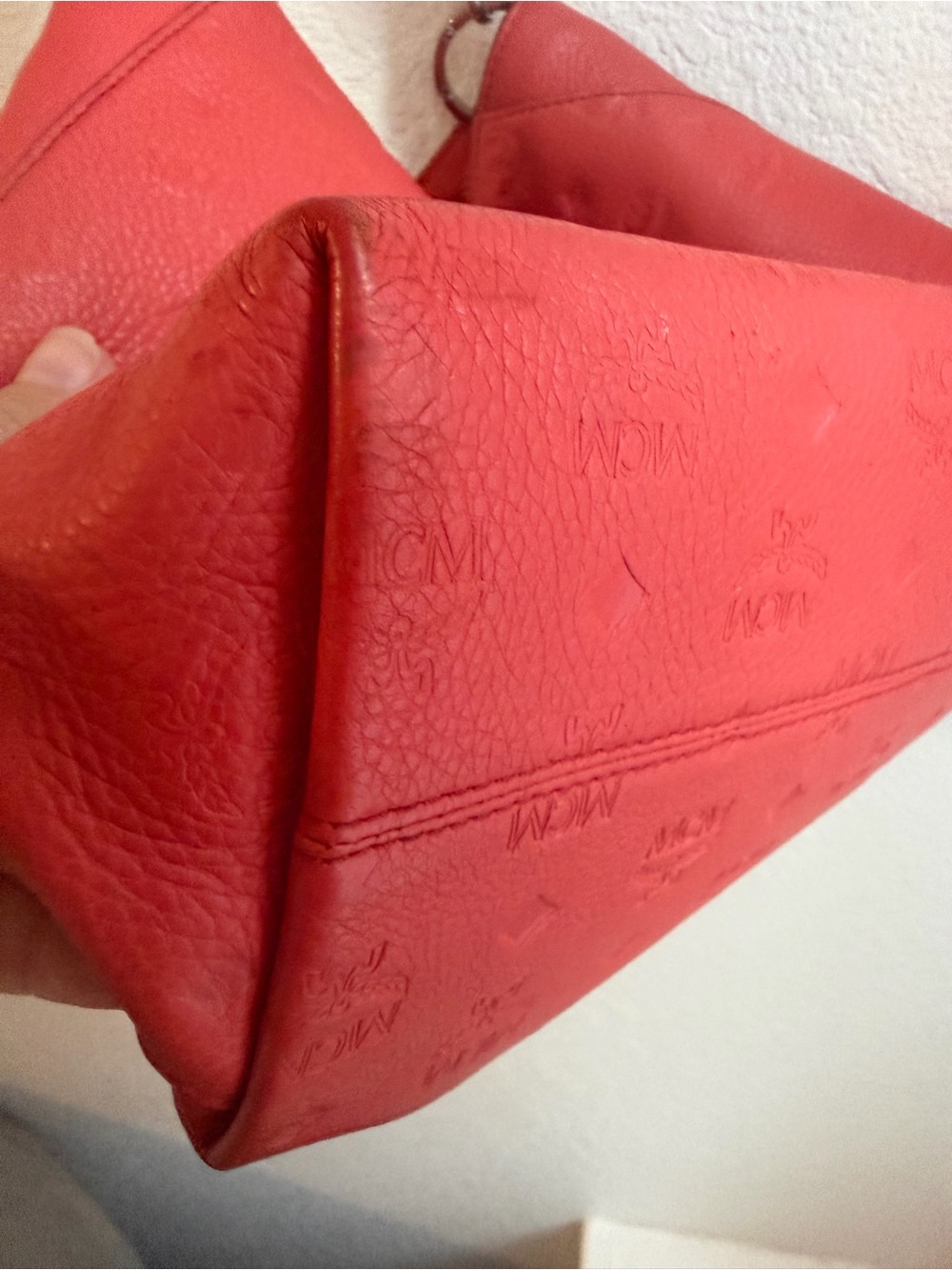 MCM Red Embossed Leather Shoulder Hobo - Picture 3 of 12